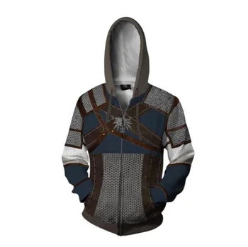 Толстовка с капюшоном на молнии с 3D принтом, Уличная одежда, Толстовки для косплея White Wolf Geralt