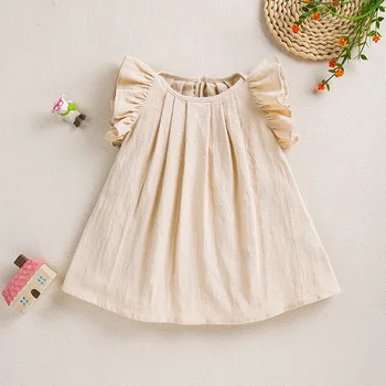 Детское Хлопчатобумажное платье с летящими рукавами Для девочек, Милая Маленькая Свежая Однотонная Повседневная юбка, Детские Летние Платья от 0 до 1 года, Новинка 2023 года