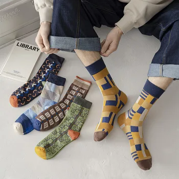 Хлопчатобумажные носки Мужские Ретро художественные длинные носки корейская версия геометрический узор индивидуальные спортивные носки Забавные Счастливые носки Мужские