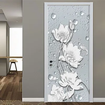 Наклейка на дверь из ПВХ, китайский стиль, 3D Рельефные обои с цветами Лотоса, Наклейка на дверь в гостиную, спальню, столовую, Наклейки для дизайна дома