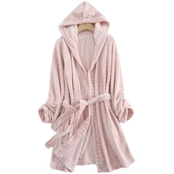 Женская ночная рубашка Простая теплая длинная юбка со шляпой Флисовая розовая ночная рубашка Одежда для отдыха Халаты