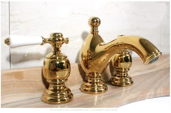 Роскошный золотой смеситель для раковины из цельной латуни для ванной комнаты, художественный дизайн, высококачественный смеситель для раковины, кран с двойной ручкой и тремя отверстиями--