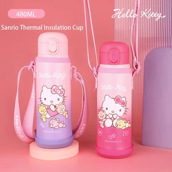 Hello Kitty Sanrio Термос Чашка Kawaii Аниме Портативная Соломенная Чашка Из Нержавеющей Стали 316 Кофе Молоко с Веревкой Бутылка Для Воды Подарок Для Девочки