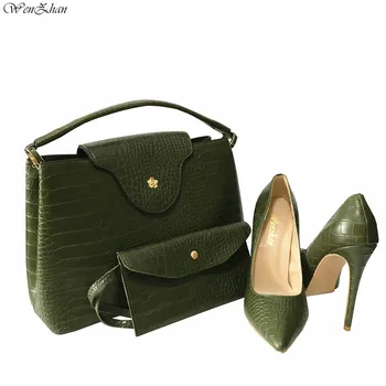 Элегантные офисные женские туфли-лодочки зеленого цвета с острым носком, роскошные, с подходящими женскими сумочками, набор кошельков WENZHAN 36-43 12 см