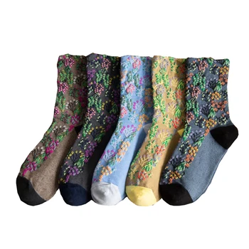 Комплект женских носков средней длины, 3 пары, Длинные зимние теплые носки в стиле Харадзюку, Хлопковые Модные носки в корейском стиле Каваи с цветочным принтом, Женские носки