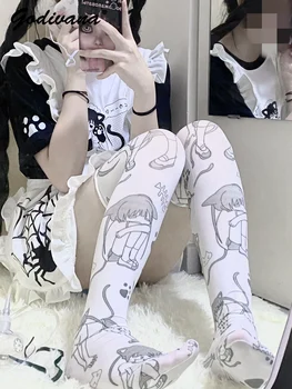 Носки Y2K с милым котом, черно-белые универсальные милые бархатные носки выше колена, студенческие чулки для девочек