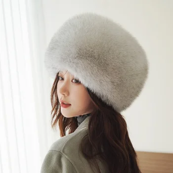Модная зимняя непромокаемая меховая шапка, Женская роскошная защита ушей из лисьего меха, большая круглая шапка, уличная теплая плюшевая монгольская шапка