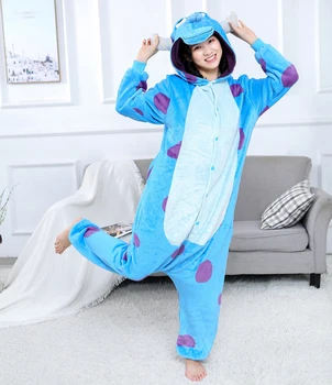Зимняя теплая пижама для молодых женщин, Синий комбинезон с капюшоном с рисунком животных и хвостом средней длины Из полиэстера, удобный