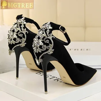 BIGTREE Элегантная свадебная обувь с острым носком и кристаллами, женские туфли-лодочки, модная женская обувь из флока с пряжкой на мелком высоком каблуке для женщин