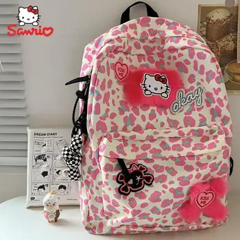 Новый Kawaii Sanrio Kitty с Рисунком Милой Розовой Девочки, Школьный Рюкзак Kt, Леопардовый Рюкзак Большой Емкости, Модная Дорожная Сумка