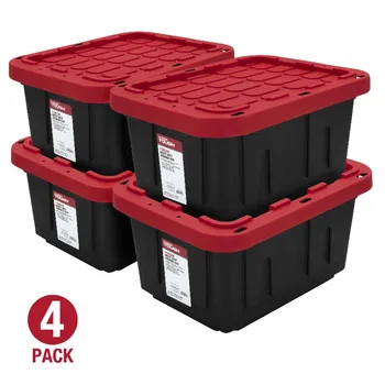 Сверхпрочный пластиковый контейнер для хранения с защелкивающейся крышкой объемом 5 галлонов, черный с красной крышкой, набор из 4 штук