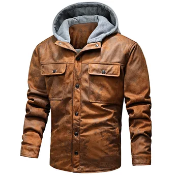 2022 Мужская Модная Цельнокроеная теплая куртка из искусственного Меха, Повседневное пальто из искусственной кожи, Байкерская куртка с плюшевым капюшоном, Мужские зимние пальто