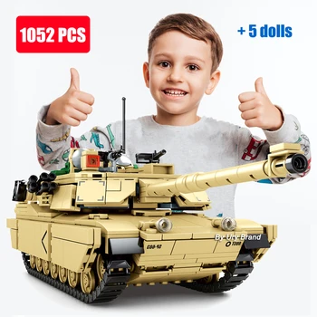 Армейский танк Второй мировой войны военный MBT 2 в 1 M1A2 Abrams Tiger пистолет грузовик 2A7 + колесница набор солдат строительный блок игрушка подарок мальчику
