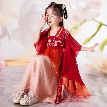 Детский костюм Принцессы в традиционном китайском стиле для девочек, весенне-летнее детское красное платье Hanfu на Новый Год
