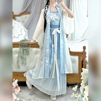 Китайская Традиционная Оригинальная Женская одежда Hanfu для Сладких Танцев, Плиссированная юбка с талией, Элегантно Вышитое Весенне-летнее платье Hanfu