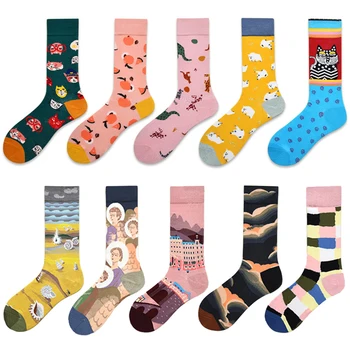 Трендовые женские носки в стиле хип-хоп, новые геометрические цветочки, индивидуальный дизайн, хлопчатобумажные носки высокого качества, носки для рисования маслом