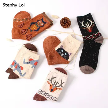 Винтажные толстые носки из кроличьей шерсти, женские носки для экипажа, ретро зимние носки в стиле харадзюку с животными, сова, олень, кошка, слон, бренд, милый хлопок