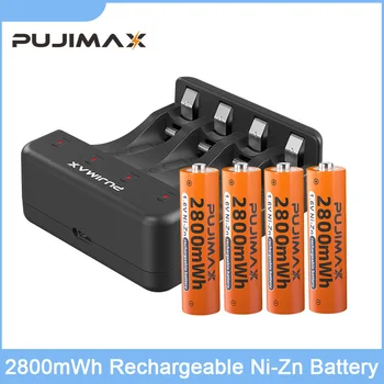PUJIMAX Оригинальный 1,6 В Перезаряжаемый Ni-Zn Аккумулятор AA2800mWh + 4 Слота Комплект Зарядного устройства С USB-кабелем Батарейный блок Для Фонарика