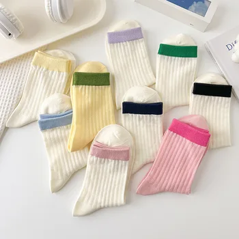 Новые весенне-летние однотонные Спортивные Сетчатые Дышащие женские носки со средним рукавом Ярких Цветов, Носки для школьников, подходящие по цвету