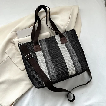 Большие вместительные повседневные сумки-тоут для женщин, Новая дизайнерская холщовая сумка через плечо, модные сумки в полоску, женская сумка с верхней ручкой