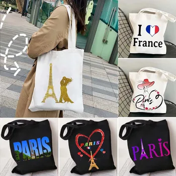 Графическая Любовь, Париж, Франция, Эйфелева башня, Европа, Путешествия, Цветочные Розы, буквенный принт, Холщовая хлопковая сумка для покупок, сумки на плечо