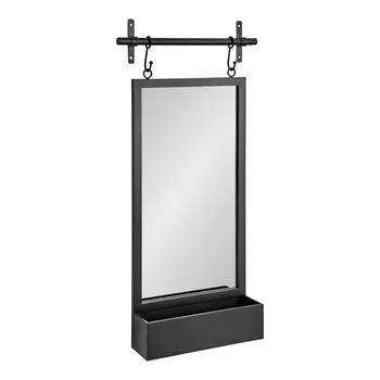 Элегантное черное подвесное зеркало в стиле амбарной двери с настенной полкой для хранения в металлической раме - 18 