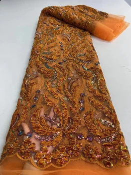 Оранжевая Нигерийская сетчатая кружевная ткань 2022 Французская Свадебная Кружевная ткань Роскошного Качества С вышивкой бисером Кружевная ткань для Свадьбы