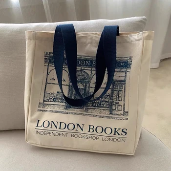Женская холщовая сумка через плечо с принтом Лондонских Книг, Женская Повседневная сумка-тоут, Многоразовая Хлопковая пляжная сумка для покупок Большой емкости