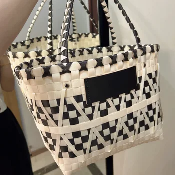 Женская сумка-корзина в клетку, роскошная брендовая дизайнерская тканая пляжная сумка, большая вместительная дорожная сумка для пикника, сумка-тоут, сумка для щенков