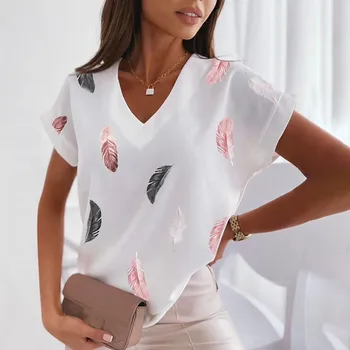 3d Женские футболки с V-образным вырезом, летние топы с коротким рукавом, футболки с изображением перьев, Женская одежда оверсайз, женская мода Y2k, уличная одежда