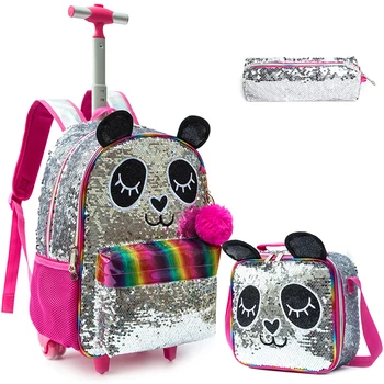 Школьные сумки 3 В 1 для девочек на Колесиках, Школьная сумка-тележка с Сумкой для ланча, Пенал, Рюкзак на Колесиках для девочек