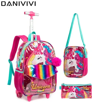 16-дюймовая школьная тележка-рюкзак, школьная сумка на колесиках для девочек, Школьный рюкзак на колесиках, набор пакетов для ланча, Школьная сумка на колесиках