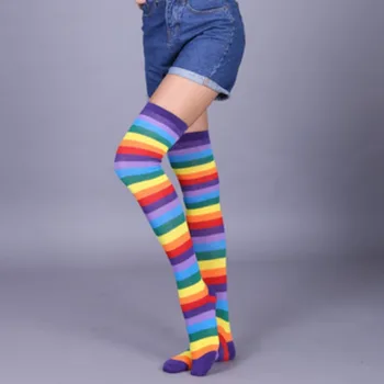 Длинные носки в радужную полоску, разноцветные чулки выше колена, чулочно-носочные изделия для женщин и девочек, длинная трубка, чулочно-носочные изделия до колена