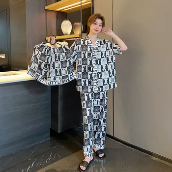Летний Женский пижамный комплект, Роскошная пижама с лацканами и принтом, Длинная повседневная одежда для отдыха из вискозы, 3 предмета, женская пижама