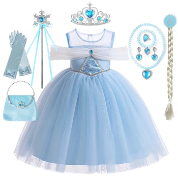 Disney Frozen/ Платье Эльзы для Косплея для девочек, Синее сетчатое бальное платье с блестками, Карнавальная вечеринка, День Рождения, Костюмы принцессы с открытыми плечами
