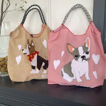 Дизайнерские сумки с вышивкой милой собачки для женщин, нейлоновая эко-сумка, сумки и кошельки, большие сумки-тоут для покупок, сумка с животными, Новинка