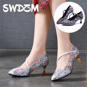 Женские туфли-лодочки на высоком каблуке в китайском стиле, женская обувь с закрытым носком, Жаккардовая хлопковая женская обувь с вышивкой для вечеринок