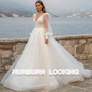 HERBURN/Современные свадебные платья для женщин, Длинные рукава, V-образный вырез, шлейф на пуговицах, Прямая поставка, Vestido De Casamento