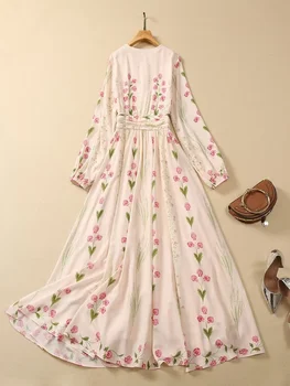 Осенние Макси-платья с длинным рукавом для женщин 2023, Элегантный шифоновый праздничный Vestido Feminino с цветочным принтом, Дизайнерский халат для подиума