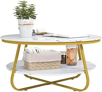Круглый журнальный столик с местом для хранения, 35,4-дюймовый журнальный столик из искусственного мрамора с прочной металлической золотой рамой для гостиной, столовой
