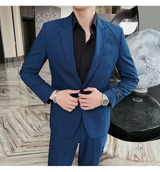 (Блейзер + брюки) Высококачественный Деловой официальный однотонный мужской костюм, Модное тонкое синее платье, Свадебные комплекты из двух предметов для жениха