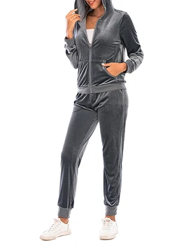 Женские спортивные костюмы из 2 предметов, однотонная толстовка с капюшоном на молнии и спортивные штаны, модный костюм