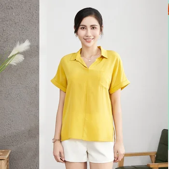Birdsky, 1ШТ Женская футболка, блузка, топ, пуловер, офисный женский короткий рукав реглан, 100% шелк тутового цвета, однотонные цвета, S-360
