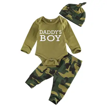 Одежда для новорожденных девочек Хлопковый комбинезон с длинными рукавами, панталоны, 3 шт., камуфляжная одежда с принтом, одежда для маленьких мальчиков