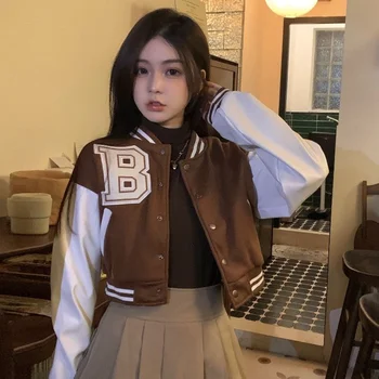 Женская Укороченная бейсбольная куртка HOUZHOU, куртки для студенческой команды Колледжа, Y2k, Уличная одежда, Винтажное корейское модное пальто Оверсайз, Эстетика