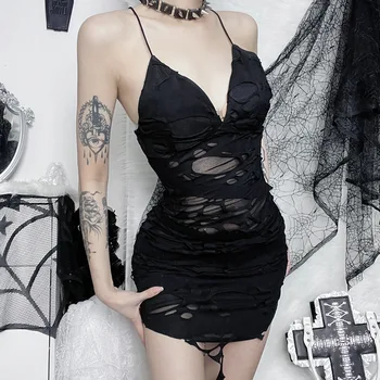 Сексуальная летняя черная цельная юбка с разрезом и V-образным вырезом, короткая длина, без рукавов, тонкая талия, Кружевной однотонный женский костюм для косплея