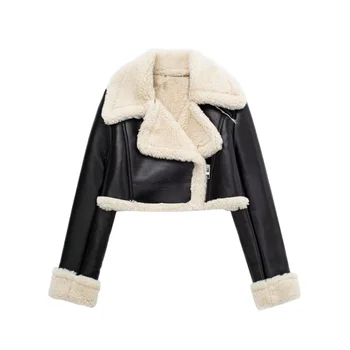 Новая Женская модная однотонная короткая куртка из искусственной кожи на молнии спереди, винтажный вырез с лацканами, Длинные рукава, плюшевые и плотные женские наряды
