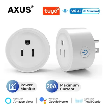 AXUS 20A Tuya Smart Wifi Plug US Беспроводная Контрольная Розетка с Функцией Таймера контроля энергии Работает Alexa Google Home