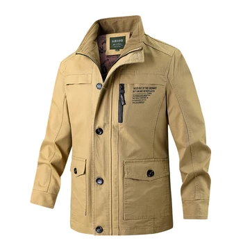 Куртка-карго из чистого хлопка, мужская демисезонная куртка со стоячим воротником, мужская рабочая куртка, повседневная свободного кроя, средней длины, тонкая куртка