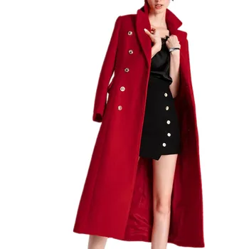 Осень-Зима, Новое Модное Темпераментное Длинное Шерстяное пальто, Женское Двубортное Шерстяное пальто